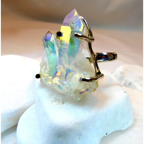 Angel Aura Druzy Quartz Cluster Sterling Silver Ring Sz  8  OOAK Handmade - Picture 2 of 9